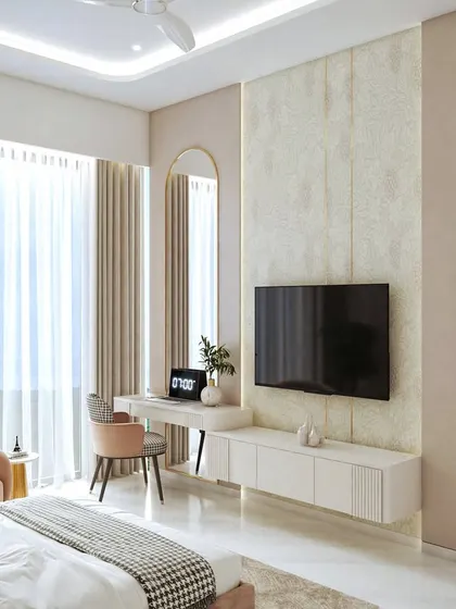 A 3D render of a subtle pink bedroom with a tropical botanical wallpaper behind an arched headboard. A sleek white vanity table doubles as a stylish workspace.