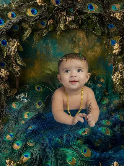 This stunning Krishna portrait was created using digital manipulation to blend the baby's photo with a backdrop of peacock feathers, creating a truly divine image.