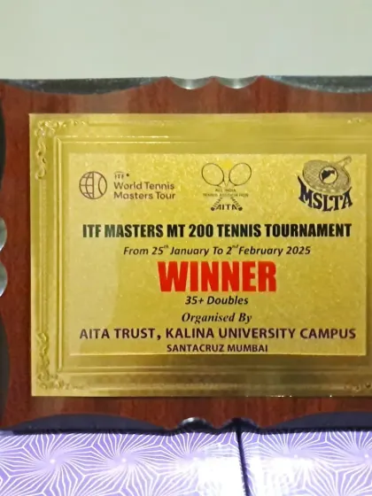 A close-up of the winner's plaque for the 35+ Doubles at the ITF Masters MT 200 tournament.