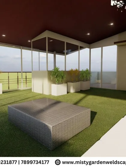 Another view of the Sanjaynagar 3D terrace design, focusing on the open and airy feel created by the glass enclosure and artificial turf.