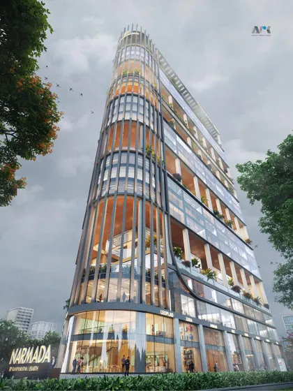 Introducing the Narmada commercial building in GIFT City. This 29-story structure features a unique facade with personal landscape terraces, designed to enhance tranquility and adapt to Gujarat's climate by naturally cooling the outdoor spaces.