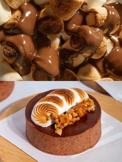 A collage showing the gooey, melted marshmallows and the finished S'mores Tart.
