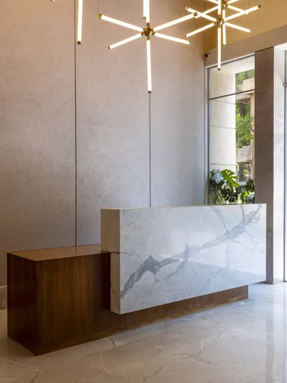 A reception space designed with clarity and contrast. The bold, veined marble of the desk makes a strong statement against the warm timber tones, while the sculptural lighting above adds rhythm and visual balance to this refined entry.