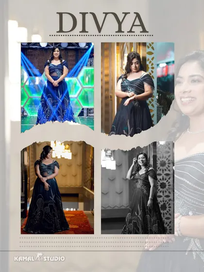 A stylized collage of the bride, Divya, showcasing her various poses and the beauty of her cocktail dress.
