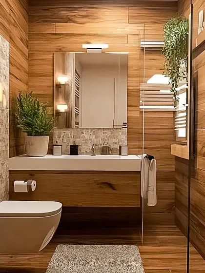 I wrapped this entire bathroom in wood-finish tiles to create a warm, cabin-like atmosphere that feels incredibly cozy and inviting.