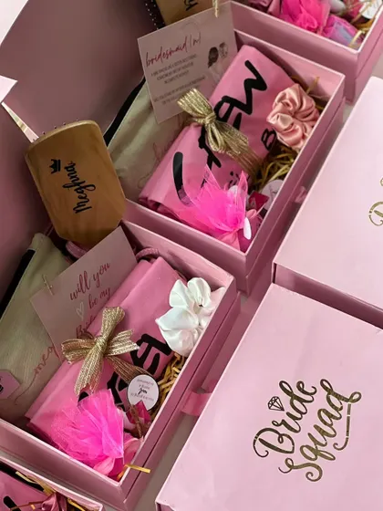 A closer look at these "Bride Squad" proposal boxes. Each one is filled with personalized goodies to pamper and delight, making it the perfect way to ask your best friends to stand by your side.