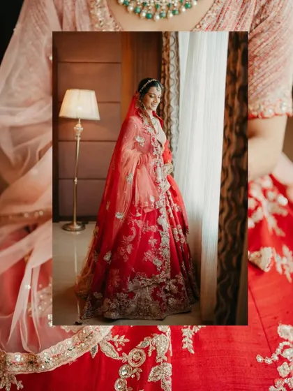 An artistic, layered portrait of the bride in her stunning red lehenga, creating a sense of depth and elegance.