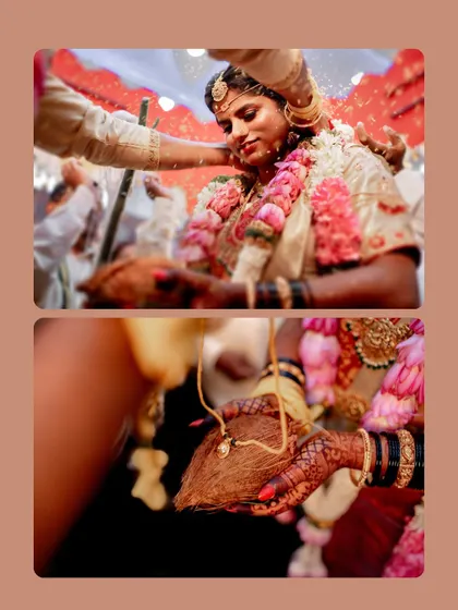 A collage highlighting the key moments of a traditional wedding, including the tying of the Mangalsutra and the blessings with rice grains.