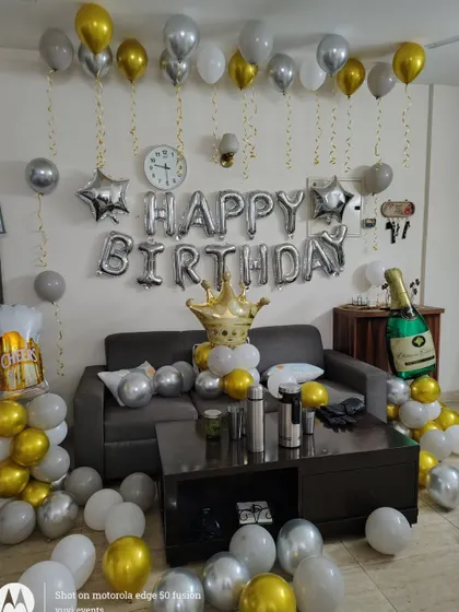 The full living room setup for the birthday celebration.