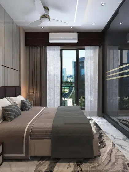 Another angle of the bedroom concept, showing the view from the window and the placement of the air conditioning unit. We plan for all practical elements in our 3D designs.