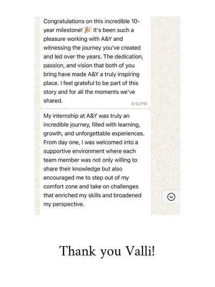 Thank you, Valli, for this incredible message. We are so glad her internship was a journey of learning and growth, and we are proud to have been part of her story.