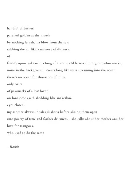 'dusheri'. A poem about mangoes, memory, and mothers, connecting the taste of a fruit to generations of love.