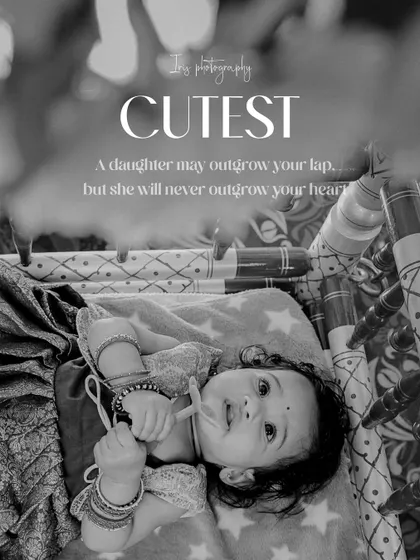 A beautiful black and white photo of a baby girl in a traditional cradle during her naming ceremony. The overhead shot and thoughtful quote make this a touching keepsake of the special day.