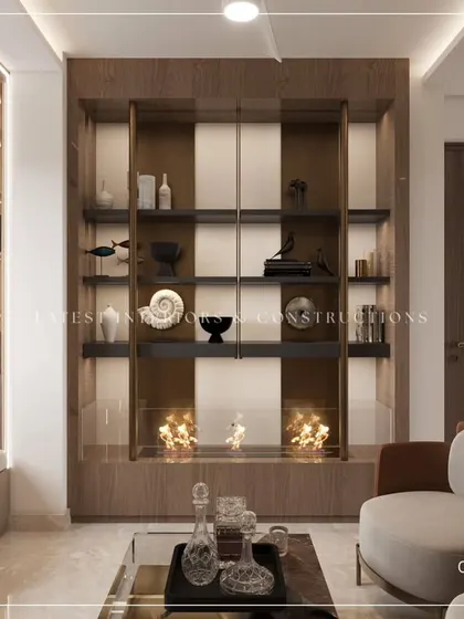 A close-up of the custom display unit, featuring a mix of open and closed shelving with integrated lighting. It's a perfect spot for showcasing decor, books, and personal treasures.