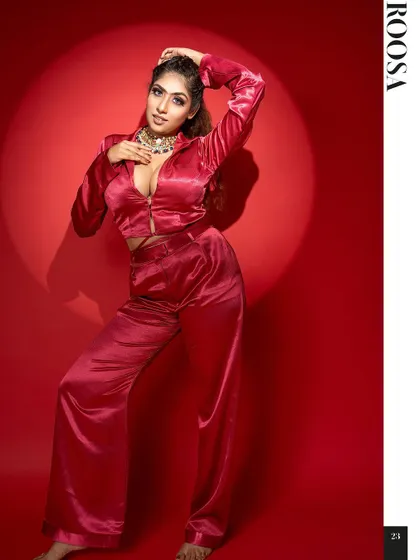 The cover feature from Roosa Magazine, showcasing my pink satin co-ord set.