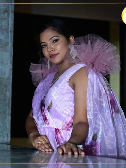 This angle shows the soft, romantic side of the party look. The makeup is blended seamlessly, with a focus on glowing skin that looks great in any lighting.