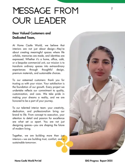 A message from me in our company's Sustainable Development Goals report. I believe we are building more than just interiors; we are building trust, comfort, and a sustainable tomorrow.