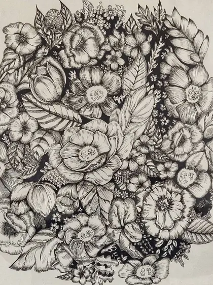 Art is about finding and losing yourself. This large, detailed floral ink pen drawing was a meditative piece that shows the intricate line work I can achieve for custom illustrations.