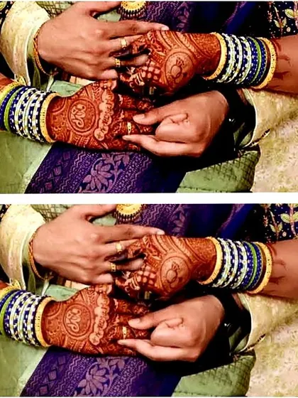 A collage showing a traditional pose for engagement photos with henna-adorned hands.
