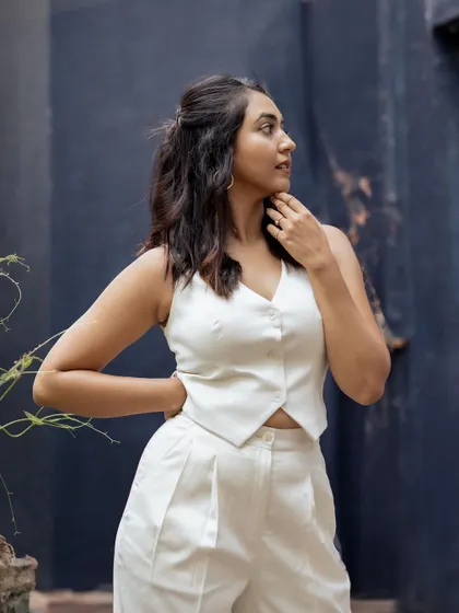 Another angle of the crisp white co-ord set, a perfect outfit for a formal day event.