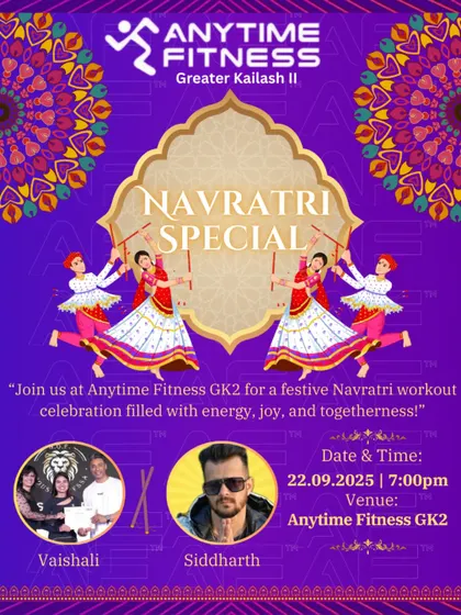 Another poster for our Navratri celebration, this time with coaches Vaishali and Siddharth. We promise a festive workout celebration filled with energy, joy, and togetherness.