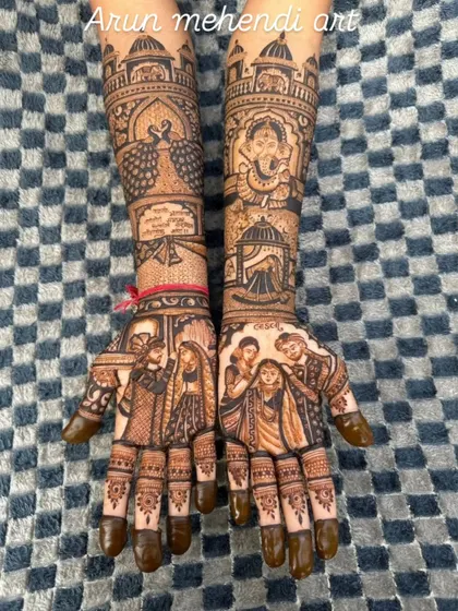 A design that includes family portraits, Ganesha, peacocks, and a special message from the bride.