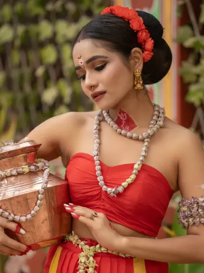 A graceful pose from the same series, highlighting the elegant hair bun and traditional accessories.