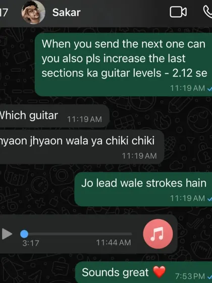 Communication with my production team is key. This chat shows how I give specific, feel-based feedback, like asking for more "jhyaon jhyaon" or "chiki chiki" guitar, to get the exact sound I envision.