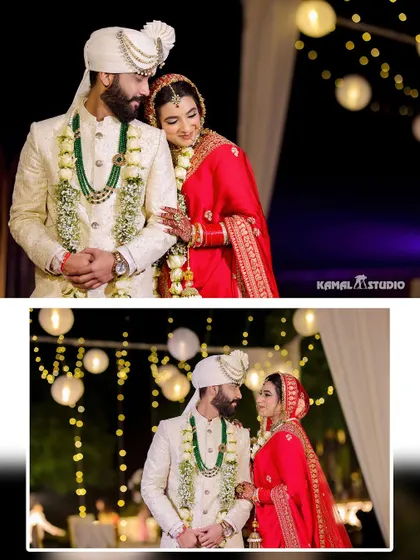 A diptych of the couple's romantic portraits, captured against a backdrop of hanging lights.