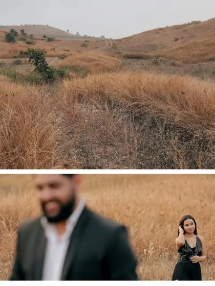 A collage that pairs a wide shot of the landscape with an artistic portrait, setting the scene and then drawing focus to the couple.
