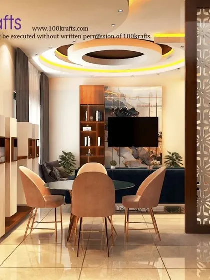 The dining and living area in the Pune project, featuring a stylish jali partition and a modern false ceiling design. The space is both open and well-defined.