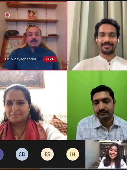 A screenshot from a live online discussion with esteemed teachers like Dr. Vinayachandra. It is a blessing to learn from and share space with such knowledgeable individuals, diving deep into the science and philosophy of yoga.