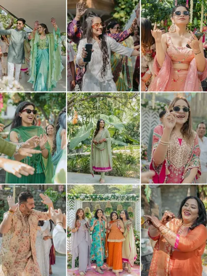 A grid of pure, candid joy from the mehndi party. These photos show the couple and their guests dancing, laughing, and celebrating with full hearts.