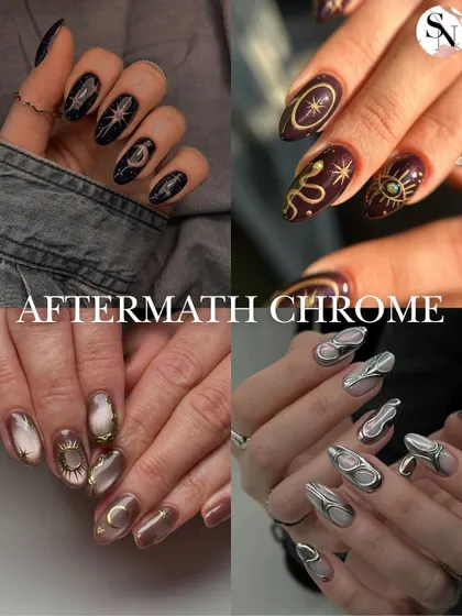 "Aftermath chrome" offers a dark and mystical vibe for Halloween. This board features designs with celestial symbols, snakes, and 3D chrome accents.