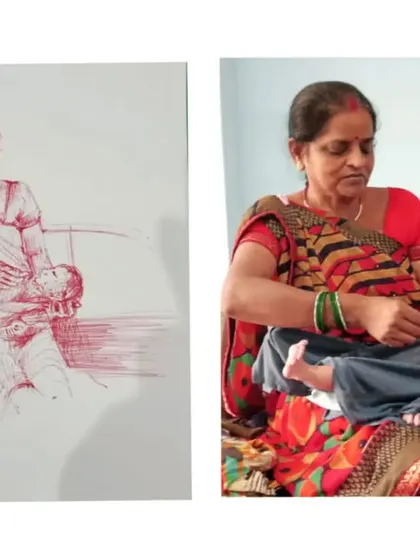 A live sketch done with a red pen, capturing a tender moment between a grandmother and her grandchild. This shows a different, quicker style of sketching to capture raw emotion.