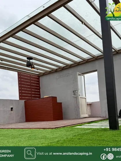 A wide view of the Assetz Soul & Soil villa project, showing how the pergola, wooden deck, and artificial lawn come together to create a cohesive and multi-functional terrace space.