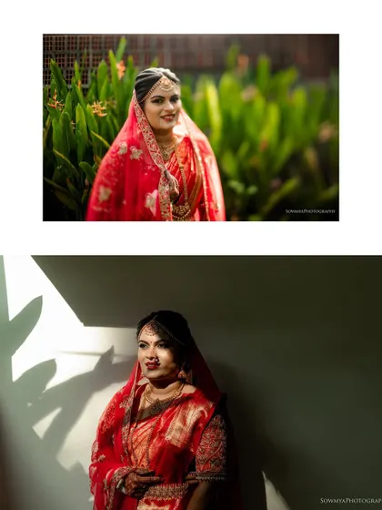 A diptych of a bride in her red saree, showcasing both a classic portrait and an artistic shot using shadows from a window.