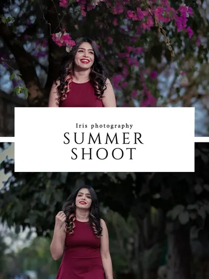 Part of a "Summer Shoot" series, this collage captures a model's bright smile against a backdrop of blooming flowers, perfect for a lifestyle or fashion portfolio.