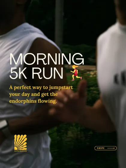 Here's what a Sunday morning with us looks like. The Sunrise Social Club includes an optional 5k run, recovery activities, food, coffee, animal flow, live DJs, and a vibrant community.