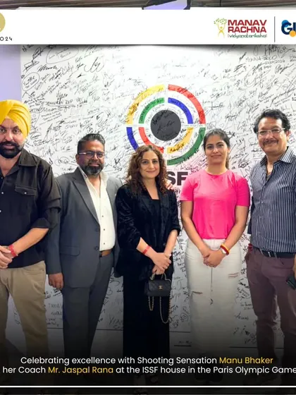 Our leadership team with Manu Bhaker and her coach Jaspal Rana at the ISSF house in Paris, celebrating her double bronze medal win.