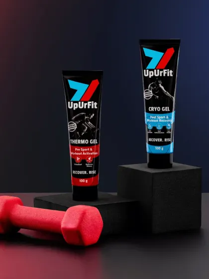 A powerful hero shot for UpUrFit's Thermo and Cryo gels. We used colored lighting to match the red and blue accents on the packaging, creating a dynamic and visually striking image that communicates energy and action.