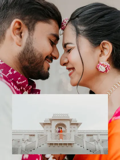 A creative composition showing a close-up of the couple's happy faces, with an inset shot of them framed by the architecture, telling a story of both intimacy and grandeur.