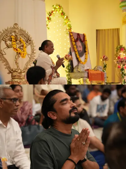 Participants at Guru Purnima, one in prayer and another listening to a discourse. The celebration is a blend of sacred chants, deep gratitude, and enchanting satsang (music and wisdom).
