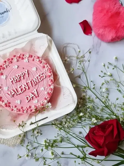 A classic Valentine's Day bento cake. The pink frosting and "Happy Valentine's Day" message make it a sweet and simple romantic gesture.