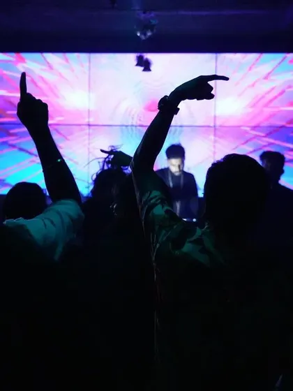 Hands up, lost in the music. A perfect moment capturing the crowd's energy during a set with dynamic visual backdrops.