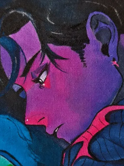 A close-up of the boy in the same painting. The purple and blue lighting was used to create a moody, emotional atmosphere that tells a story of longing.