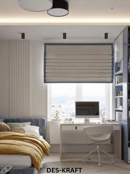 A full view of this compact yet highly functional room, which includes a bed, a study desk by the window, and even a small gymnastics wall for play.