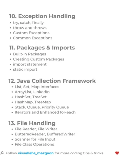 This part of the cheatsheet explains exception handling, packages, the Java Collection Framework, and file handling for input and output operations.