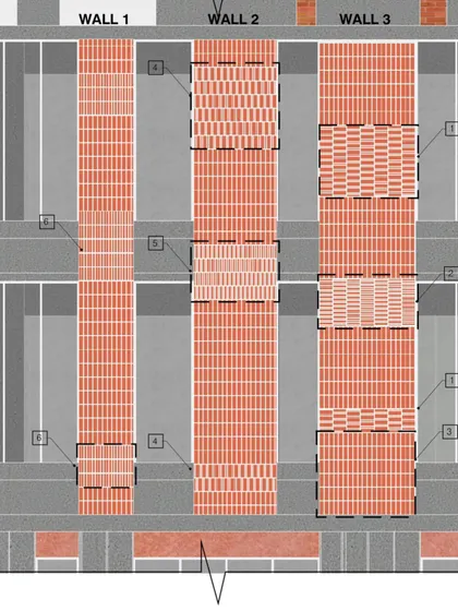 Our drawing board showing different brick pattern trials for an office tower facade. We deliberate extensively on these details, as they define the building's character and texture.