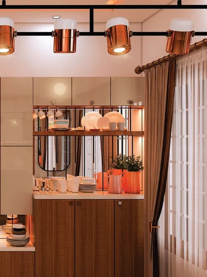 This custom-lit crockery unit features beer-mug-shaped track lights, adding a playful and unique touch to the dining area. The open shelving and wooden cabinets provide ample storage while maintaining a stylish look.